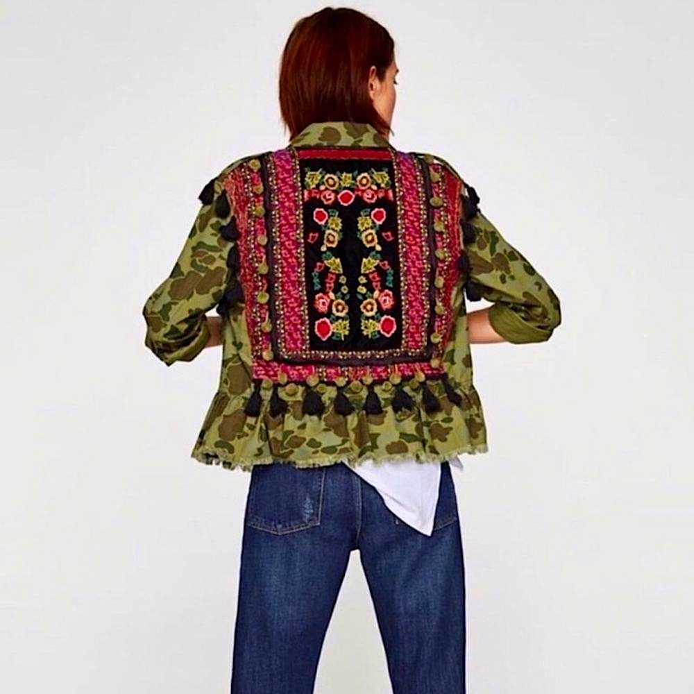 ZARA Camouflage Pom Pom Embroidered Jacket